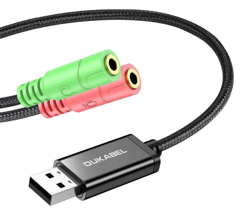 DUKABEL محول صوت USB طويل، محول DuKabel USB إلى جاك 3.5 مم TRS AUX لبطاقة الصوت USB المدمجة لسماعات الرأس مع قابس منفصل TRS 3 قطب ميكروفونات [هيكل معدني وموصل متين / 47 بوصة] - Image 1